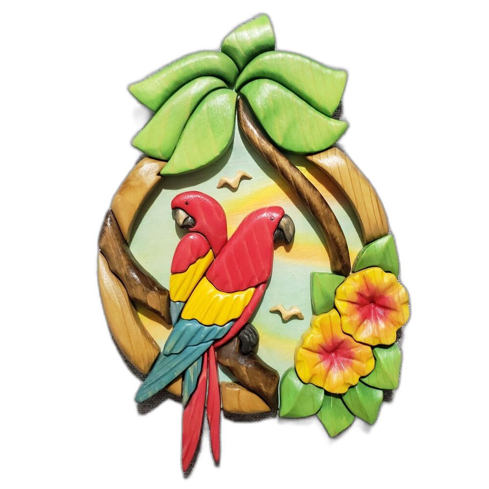 Barbara Sorenson Art Wood Sculpture Plaque Flowers Couple Parrots 2004 Signed